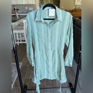 ZARA “The Zoe Dress” Sage Green Textured Button Front Shirt Dress – Size S